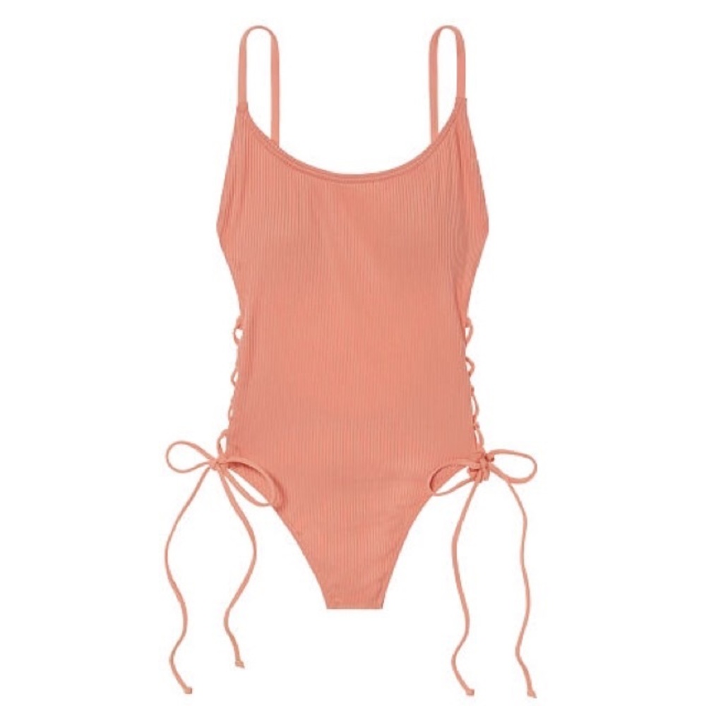 PINK Ribbed Lace-Up One-Piece Monokini Bodysuit